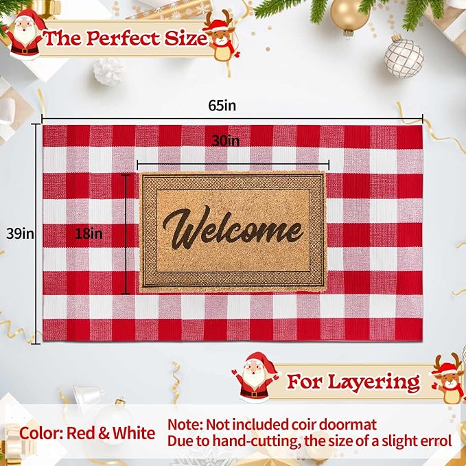 Christmas Buffalo Plaid Rug 3 x 5 Ft, Red White Indoor Outdoor Rug | Cotton Blend, Hand-Woven Look, Machine Washable, Layering Rug, Porch Entryway Decor