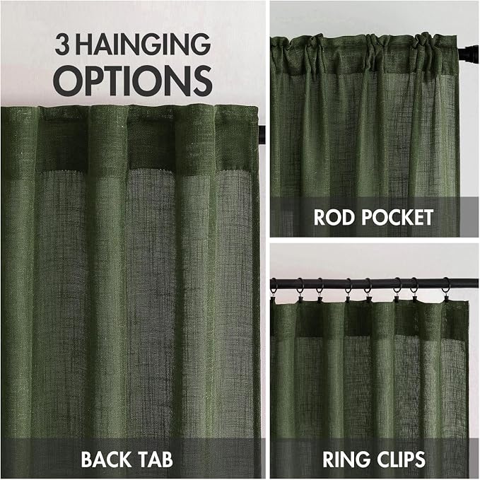 MIULEE Olive Green Linen Curtains 52x84 Inch Length for Bedroom Living Room | Soft Thick Linen Textured Window Drapes, Semi Sheer Light Filtering, Back Tab Rod Pocket,Burlap Look Christmas Decor，2 Panels