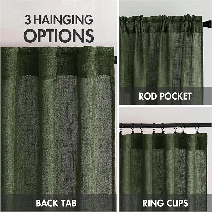 MIULEE Olive Green Linen Curtains 37x90 Inch Length 2 Panels | Bedroom Living Room, Thick Linen Textured Window Drapes, Semi Sheer Light Filtering, Back Tab Rod Pocket, Burlap Decor