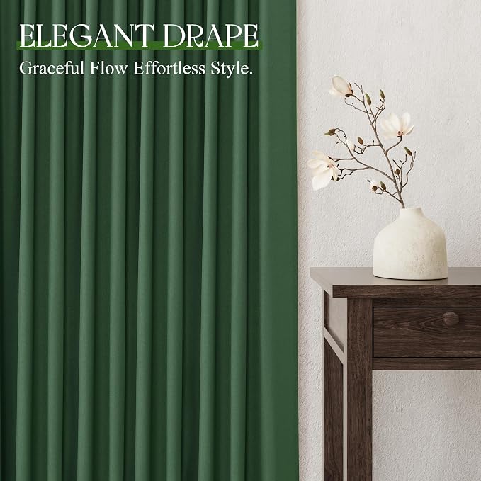 Jowels Green Linen Curtains 84 Inch Long 2 Panels for Living Room | Light Filtering Semi Sheer Curtain, Back Tab Pocket Pleated Look, Boho Farmhouse Textured Privacy Drapes for Bedroom Window
