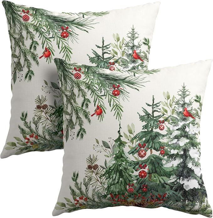 Green Christmas Tree Throw Pillow Covers 22x22 Inch Set of 2 Winter Pine Trees Red Berry Bells Birds Decorative Pillowcase Xmas Holiday Cotton Linen Cushion Cover for Home Sofa Couch Patio