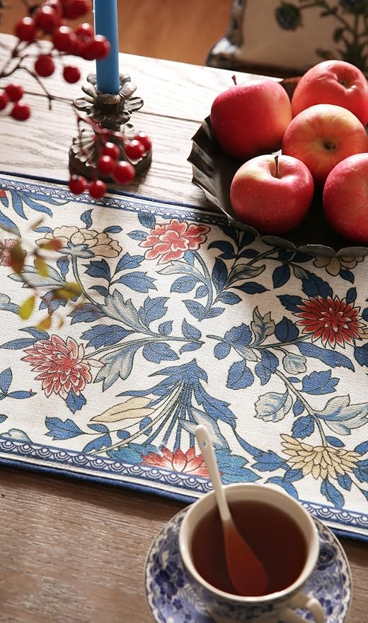 Patdrea Designer Vintage French Linen Table Runner,12"X71"-Ivar A | Elegant Tablerunner 71 Inches Long,Blue and White Floral Pattern,Decor Runner for Dining Room Living Room Banquet