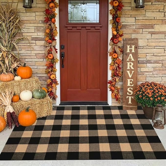 SEEKSEE Buffalo Plaid Outdoor Rug 3' x 5' Coffee and Black Front Door Mat, Layering Rug for Porch, Washable Doormat, Front Porch Rug for Outdoor Entrance Entryway Patio Porch Decor