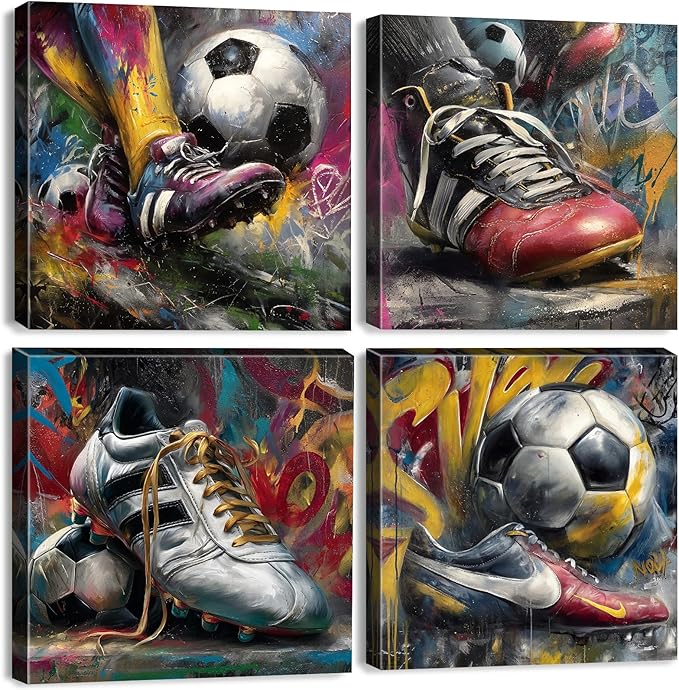 Vintage Soccer Wall Art for Boys Room Graffiti Sports Picture Wall Decor Colorful Sneaker Football Canvas Prints Kids Toddler Playroom Rustic Modern Abstract Artwork Home Decorations 12x12" 4 Pieces