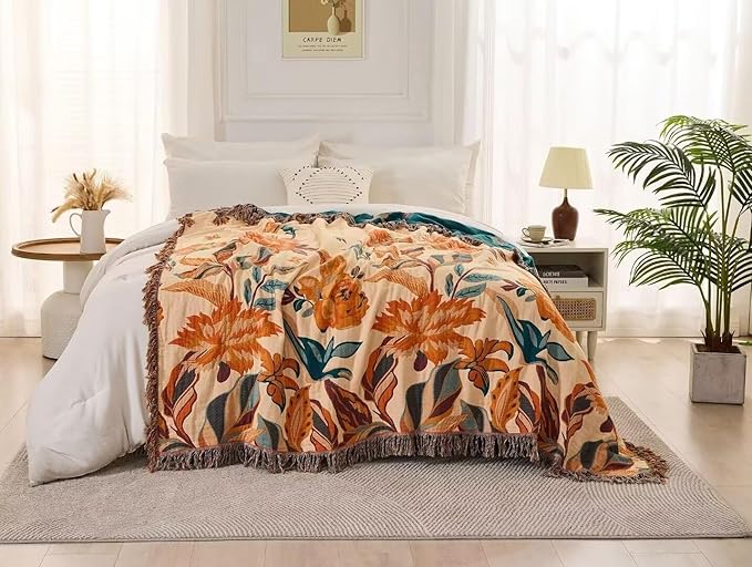 Boho Throw Blanket for Bed 100% Cotton Bohemian Blankets Ultra Soft Woven Muslin Decorative Blankets All Seasons Vintage Quilt Knitted Blanket for Sofa Chair(Orange, 60"x80")