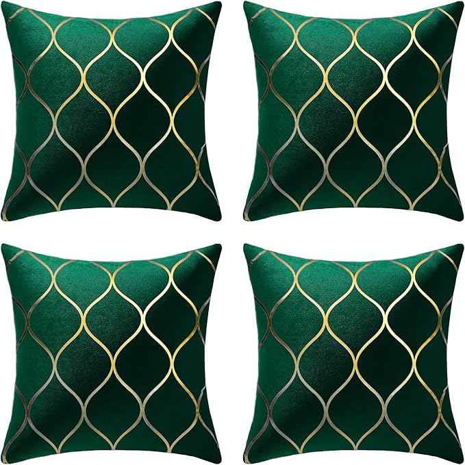 Gyulin Pack of 4 Gold Velvet Throw Pillow Covers 18x18 Inches Solid Square Pillow Covers Geometric Cushion Covers for Couch Sofa Home Bedroom Decor, Christmas Green