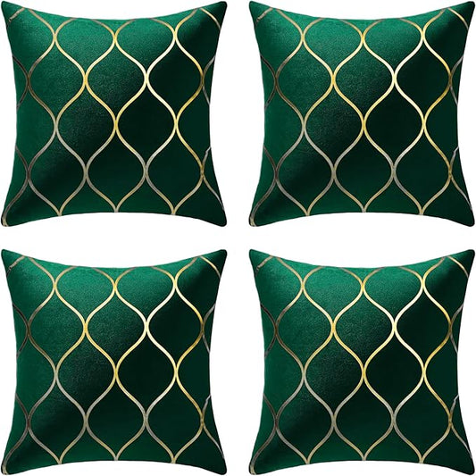 Gyulin Pack of 4 Gold Velvet Throw Pillow Covers 18x18 Inches Solid Square Pillow Covers Geometric Cushion Covers for Couch Sofa Home Bedroom Decor, Christmas Green