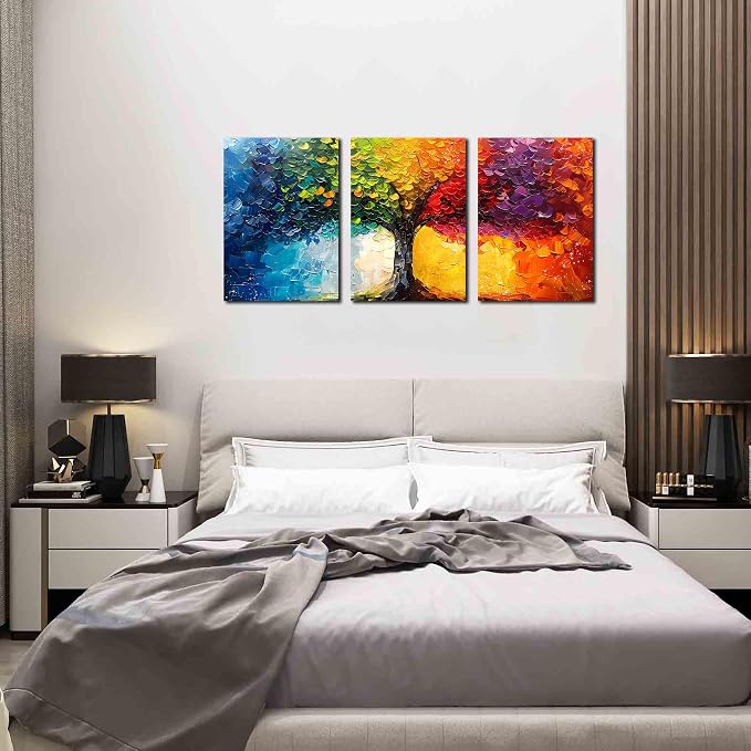 HUBOSKN Tree Art Pictures for Wall in Living Room - Colorful Canvas Wall Art for Bedroom - 3 Piece Wall Decor Size 16" x 24"