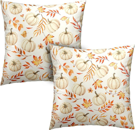 White Pumpkin Throw Pillow Covers Thanksgiving Fall Pillow Covers 22x22 Maple Leaf Pillow Cases Harvest Outdoor Cushion Cases for Home Farmhouse Garden Patio Porch 2 Pack