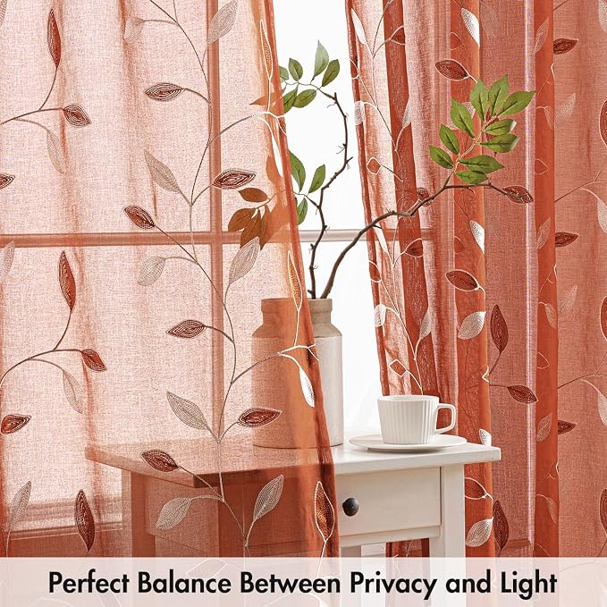 MIULEE Terracotta Sheer Fall Curtains 2 Panels Leaf Patterned, W52 x L54 | Burnt Orange,Rod Pocket,Floral,Semi Faux Linen,Short Window Drapes Set for Kitchen/Living Room/Bedroom