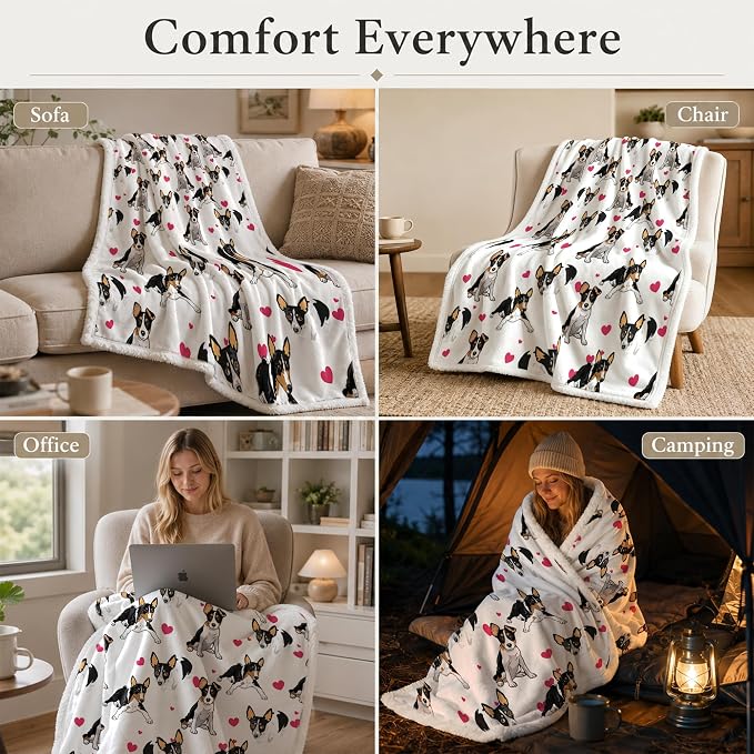BlessLiving Throw Blanket, White Black Dog Pink Animal, 60x80 in | sherpa fleece fabric, Rat Terrier Dense Pet Blankets Puppy print, for couch or sofa, pet lovers, easy machine care