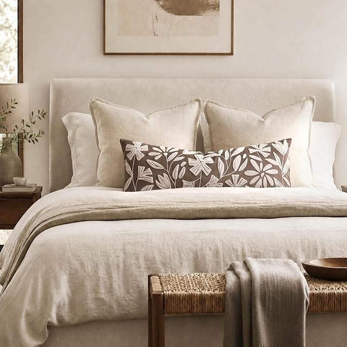 BlissBlush Long Lumbar Pillow Cover 14x36 for Bed, Taupe Brown Floral Tufted Velvet Accent Oversize Throw Pillowcase for Bedroom, Cover Only