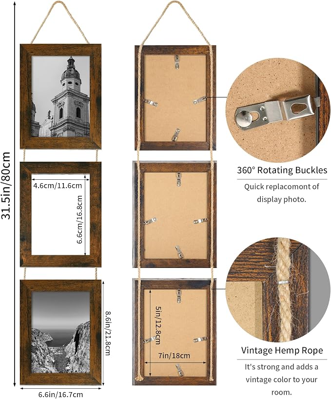 5x7 Collage Picture Frames Set of 2, Rustic Wooden Real Glass Vertical Hanging 3 Opening 5 by 7 Photo Frame, Brown