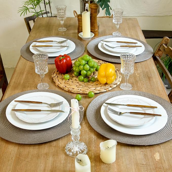 FunWheat Round Braided Placemats Set of 6 Table Mats for Dining Tables Woven Washable Non-Slip Place mats 15 inch(Taupe, 6pcs)