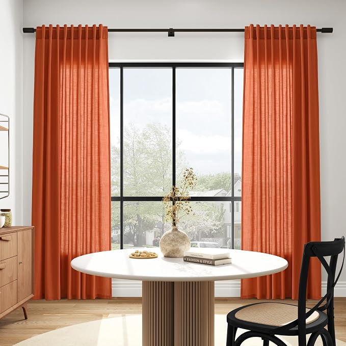 Linen Curtains, Bright Orange, 96 Inch Long | 8ft, For Living Room