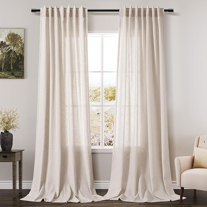 Extra Long Tan Beige Curtains 132 inch Length 2 Panels Set Back Tab Neutral Farmhouse Drapes Light Filtering Semi Sheer Linen Curtain 132 inches Long for Floor to Ceiling Window Patio Sliding Door
