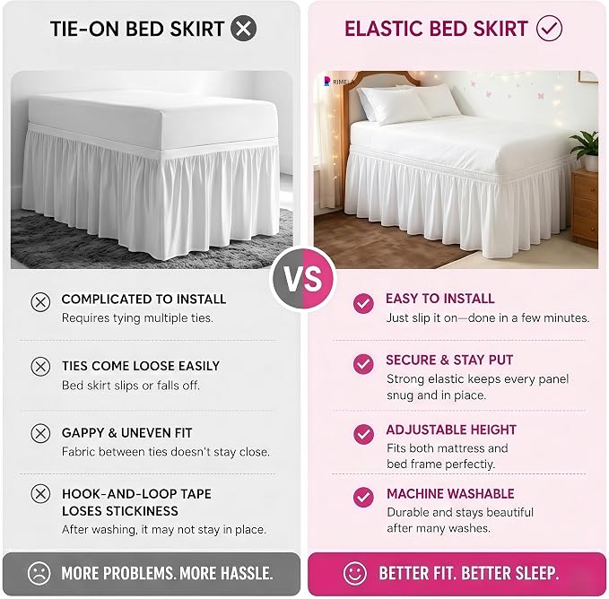 Dorm Room Bed Skirt Twin XL 34" Drop, College Split Corner Bedskirt, White | Solid ruffled, Wrap-around/elastic, Wrinkle & Fade resistant, with Adhesive Strips, Gift Packed, Machine Wash/Tumble Dry/Iron