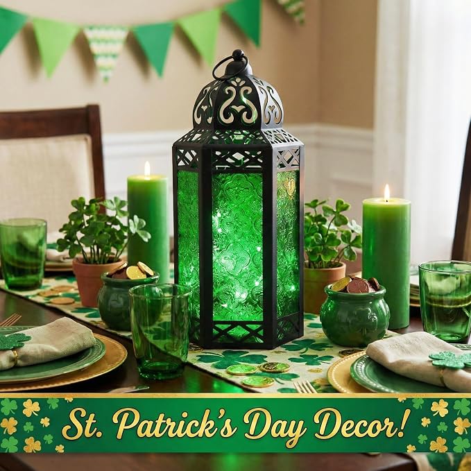 Vela Lanterns Decorative Indoor Fairy Light Candle Holder, Green, L | Fantasy Moroccan Lamp, Enchanted Forest Decor, Green Halloween & St Patricks Day, Metal Hanging Flameless LED, 12" Tall