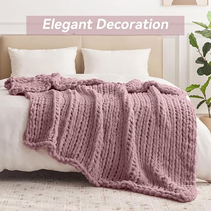 Negwoo Chunky Knit Throw Blanket, Knitted Throw Chenille Yarn, 60"*80" | Soft Thick Cable Knitted Blankets, Handmade Big Thick Blanket, Machine Washable Cute Comfy Blanket for Home Decor, Muted pink