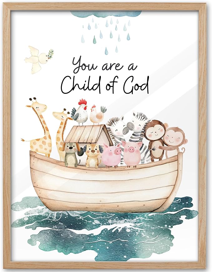 KensTro 12x16 Oak Framed Noah's Ark Child of God Wall Art | Natural Oak Wood Frame with Noah's Ark Animals and Child of God Message for Bedroom, Hallway, Office or Prayer Space