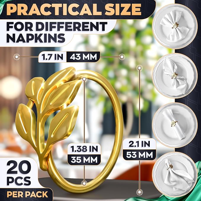 20 Pcs Gold Napkin Rings with Leaf Design, 1.38 Inch Inner Diameter | Decorative Metal Ring Holders for Cloth Napkins - Fall, Thanksgiving & Christmas Table Decor for Weddings & Dinner Parties