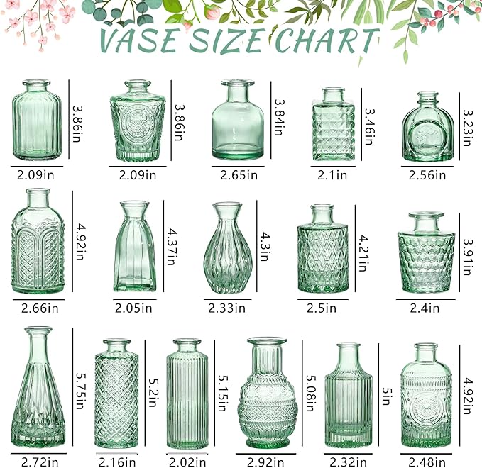 SUPMIND Glass Bud Vase Set, 16pcs Green Small Flower Vases for Centerpieces | Cute Mini Vintage Vases in Bulk for Table Centerpieces, Wedding, Home, Party Decoration