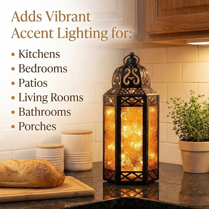 Vela Lanterns Decorative Indoor Fairy Light Halloween Holder, Amber, L | Orange Fall Decorations, Fantasy Moroccan Candle Lamp, Turkish Metal Hanging, Diwali & Eid, Porch Patio, 12" Tall