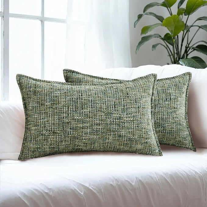 HAUSSY Pack of 2 Chenille Tweed Throw Pillow Covers 12x20 Inch, Dark Green