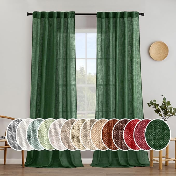 MIULEE Emerald Green Linen Curtains 52x108 Inch for Bedroom Living Room | Soft Thick Linen Textured Window Drapes, Semi Sheer Light Filtering, Back Tab Rod Pocket, Christmas Decor, 2 Panels