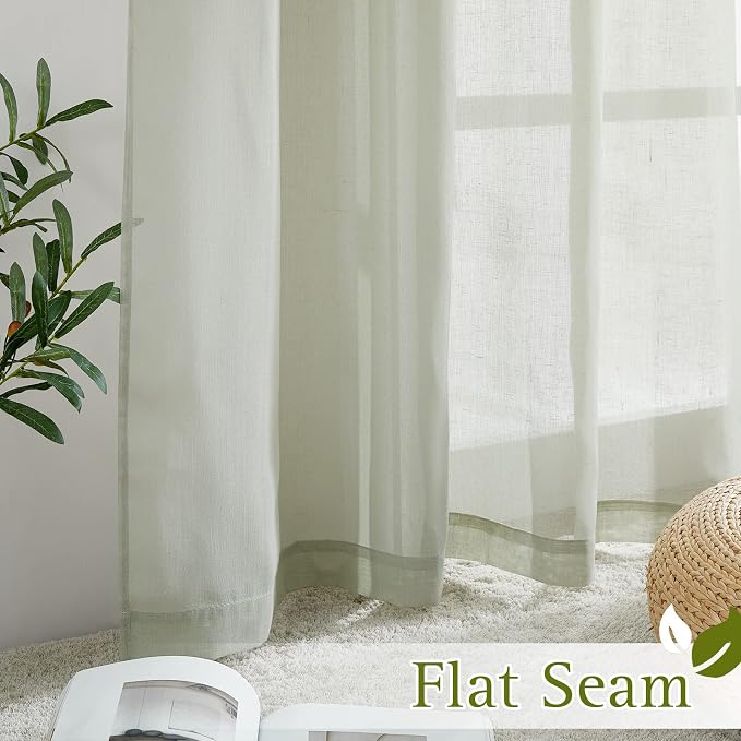 NICETOWN Linen Sheer Curtains for Living Room, Grommet Semi Sheer Privacy Vertical Window Draperies Privacy with Light Penetration for Hall/Villa, Sage Green, 52W by 96L, Set of 2