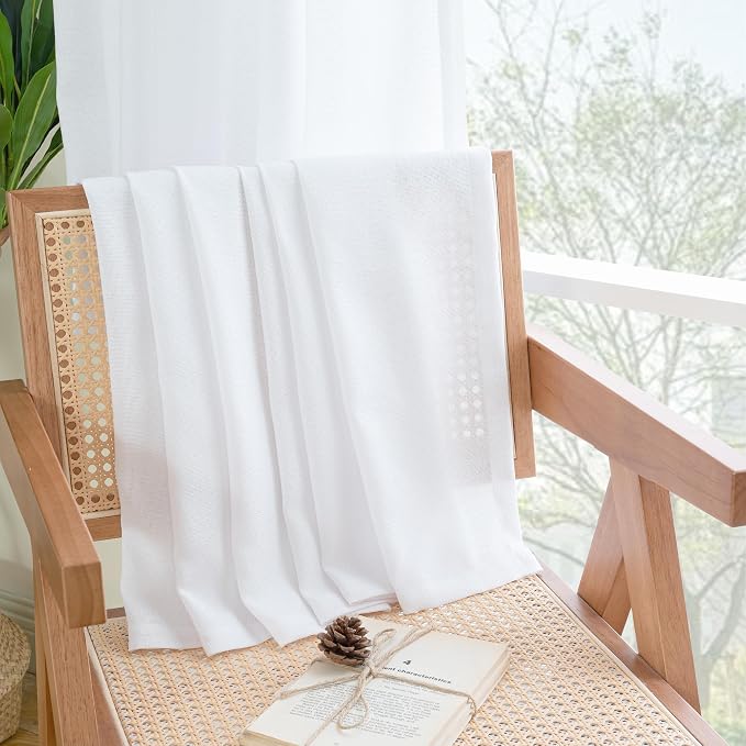 YoungsTex White Linen Semi Sheer Curtains 95 Inches Long 2 Panels Set | Light Filtering Drapes with Rod Pocket Back Tab Floor Length for Bedroom Living Room Window, 52 X 95 Inch