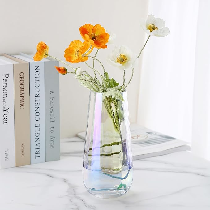 Irised Crystal Glass Vase Modern Flower vases for Bouquet,H-9.8" Tear Drop Design for Home Floor Decor,Farmhouse Decor, Centerpiece Office Table Decorations(Irised)