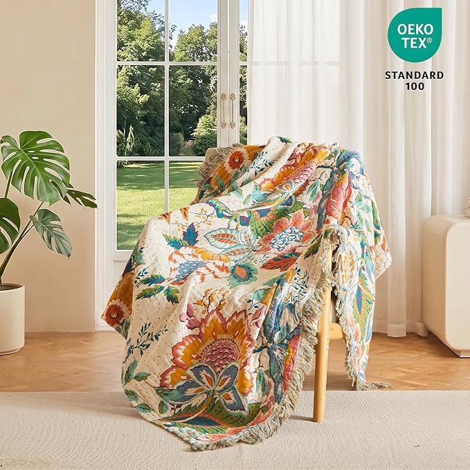 MSGKV Throw Blanket 60"x80" 100% Cotton Ocean Animals Throw for Couch Bed | 100% Cotton Throw, Cute Ocean Animals, Reversible Woven, Summer Breathable, Lightweight Comfort, Farmhouse Decor