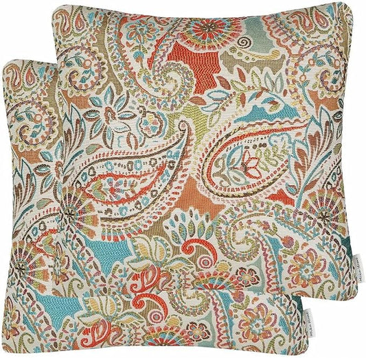 Mika Home Pack of 2 Throw Pillow Covers Decorative Pillow Shells for Sofa Couch, Paisley Pattern, 22x22 Inches,Red Teal Cream Multicolor