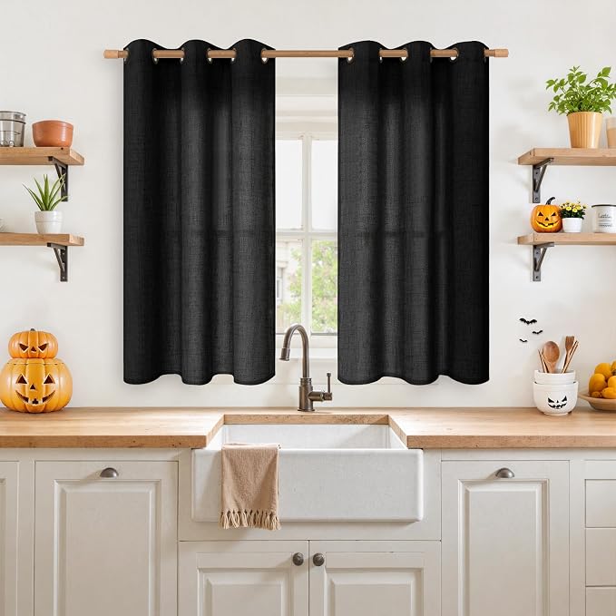YoungsTex Black Linen Curtains 48 Inch Length for Short Window, Light Filtering Semi Sheer Drapes with Bronze Grommet Privacy for Bathroom Living Room, 42 x 48 Inch, 2 Panels