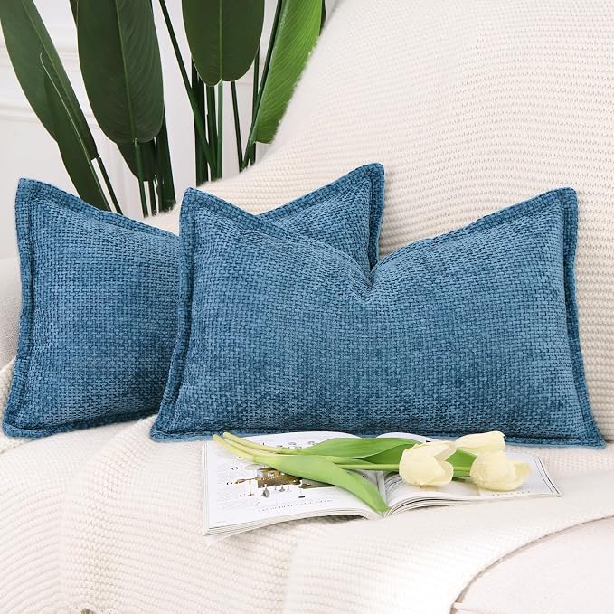 MADIZZ Decorative Chenille Velvet Throw Pillow Covers Set of 2 Soft Boho Textured Neutral Couch Throw Pillow for Bed Modern Farmhouse Home Decor for Sofa Livingroom Dark Blue 12x20 Inch