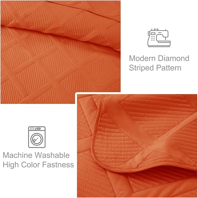 Exclusivo Mezcla Quilts Queen Size, Burnt Orange | Soft Bedspreads with 2 Pillow Shams, Modern Striped Pattern, Lightweight Bedding Set Coverlets for All Seasons, 90x96 Inch