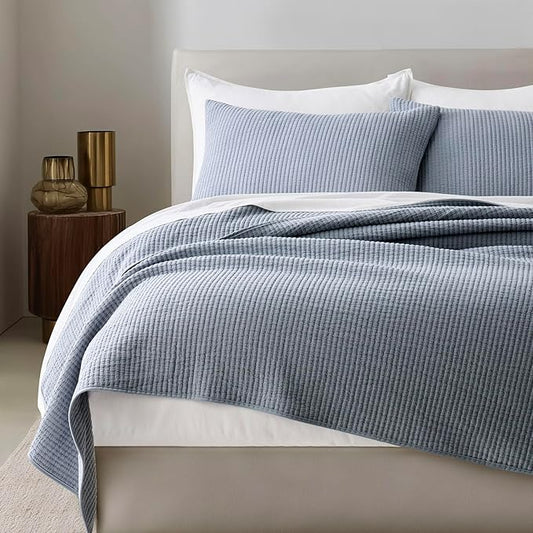 EVERGRACEHOME Cotton Ribbed Matelassé Coverlet Set, King Size, Blue Linen | Soft Lightweight Bedspread, 3 Pieces, Breathable Cozy Oversized Quilted Bedding Set for All Seasons, with 2 Pillow Shams