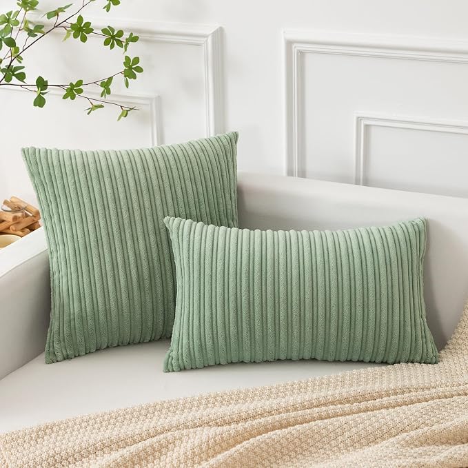 Kevin Textile Striped Corduroy 22”x22” Pillow Covers 2 Pack, Sage Green