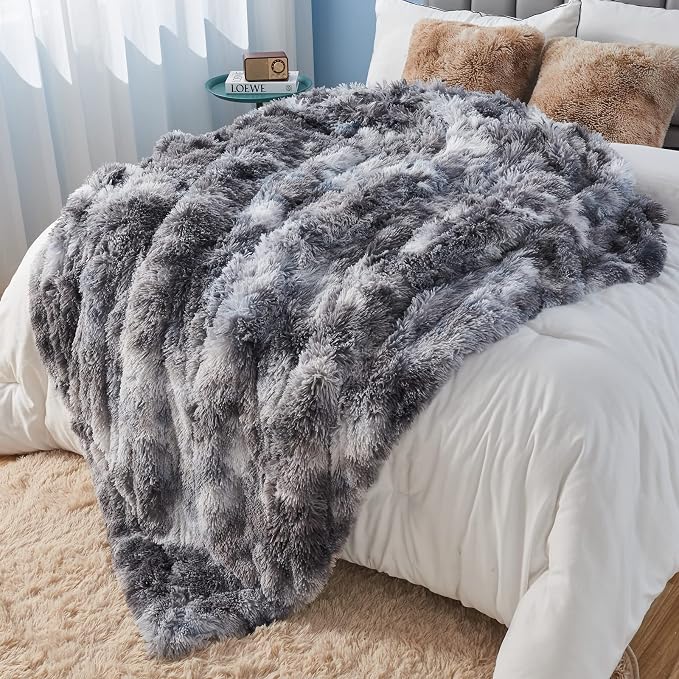 GONAAP Fuzzy Faux Fur Queen Blanket for Couch, Marble Black, 90"x90" | Warm Cozy Plush Shaggy Decorative Reversible Thick Non-Heated Fleece Blanket for Sofa Bed, Gift for Women Men, All Season Use