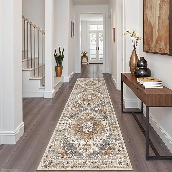 Madane Hallway Runner Rug 2x8 Washable Kitchen Rugs Non-Slip, Turmeric/Grey | Vintage Machine Washable Low-Pile Floor Carpet 8ft, Soft Ultra-Thin Throw Entry Foyer Mat for Entrance Laundry Living Room