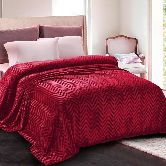 Whale Flotilla Flannel Fleece Bed Blanket Twin Size, Red | Lightweight Breathable Soft Bedspread, Plush Fluffy Coverlet Chevron Design Decorative Blanket for All Season, 60x80 Inch