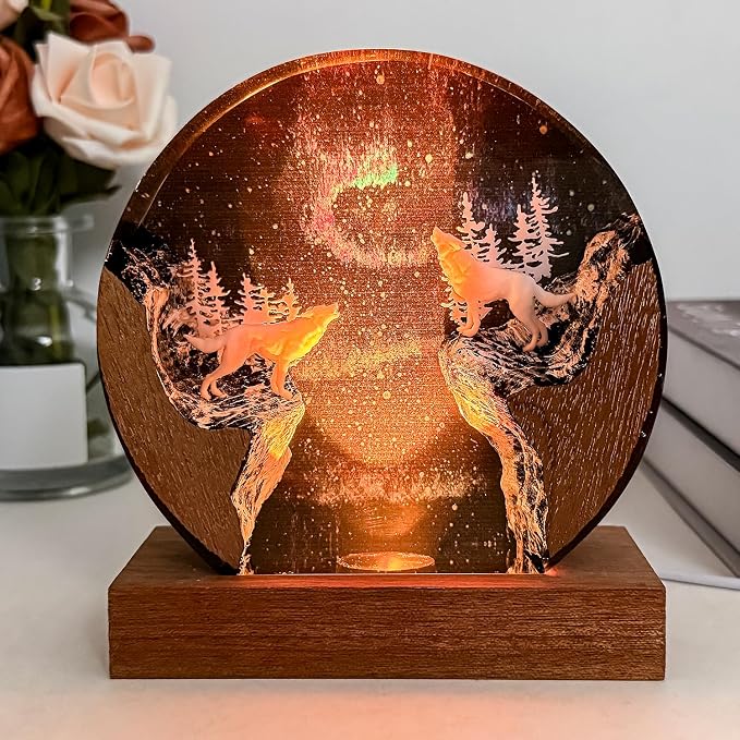 Handmade Resin 3D Wolf Resin Lamp with Wooden Base