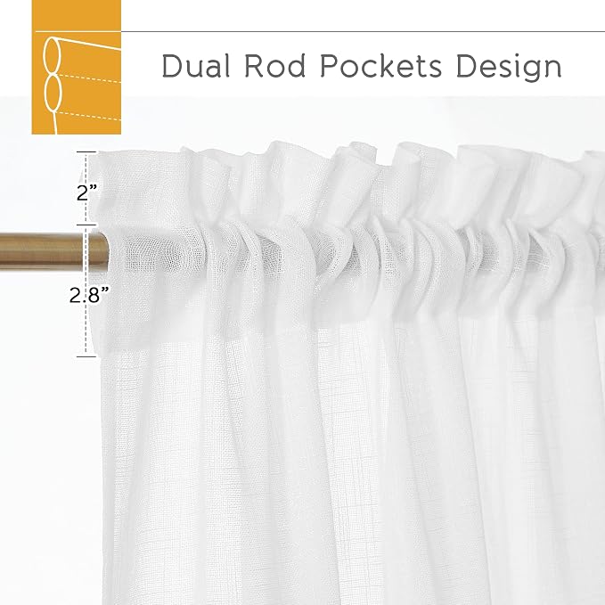 RYB HOME Sheer Linen Textured Curtains 95 inches Long for Patio Door | Semi Sheers Drapes Light Airy Fabric, Light Airy, Breathable Fabric, for Living Room Dining, White, W70 x L95, 2 Panels