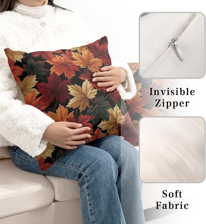 Fall Leaves Pillow Covers Autumn Maple Leaf Throw Pillow Covers 16x16 Set of 2 Harvest Outdoor Pillow Cases Thanksgiving Seasonal Cushion Cases for Home Farmhouse Garden