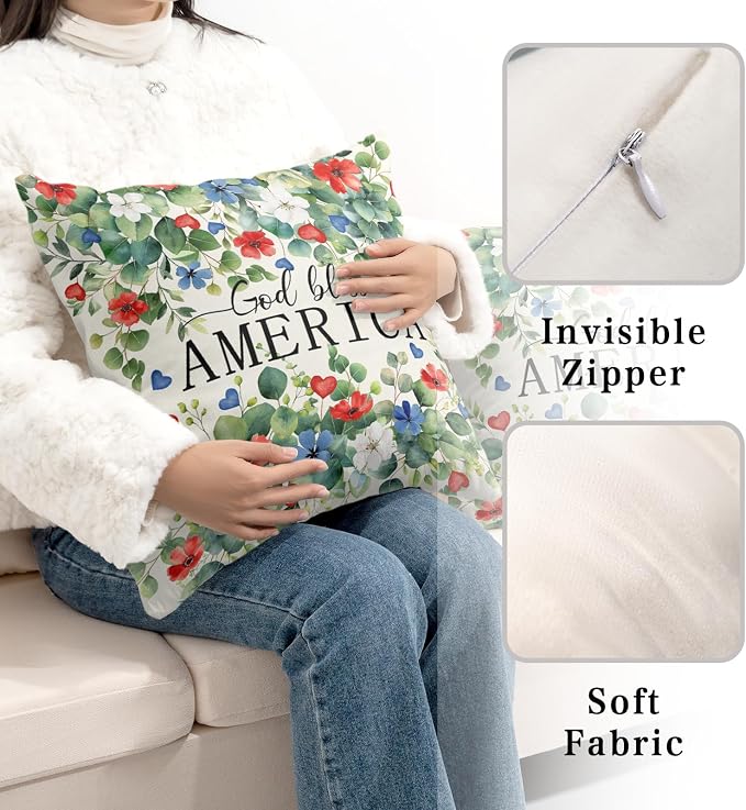 4th of July Pillow Covers Patriotic God Bless America Throw Pillow Covers 18 x 18 Eucalyptus Leaf with Red White Blue Flower Pillow Cases Memorial Day Cushion Case for Home Sofa 2Pcs