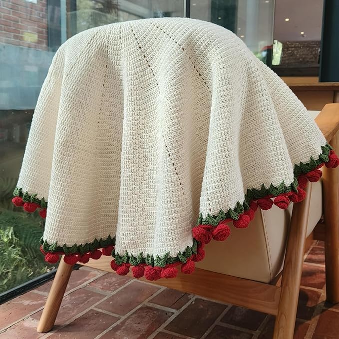 Longhui bedding Crochet Flower Bouquet Throw Blanket, Handmade Knitted Blanket with Red Rose Cute Romantic Gift for Her Girlfriend Mom Mother’s Day Valentine Wedding Anniversary Birthday, 60 Inches