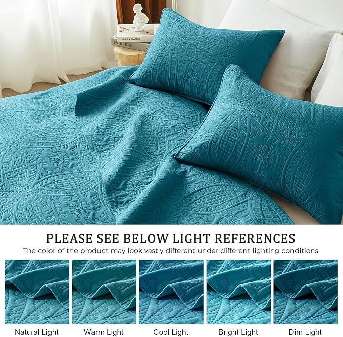 akkialla Teal Full/Queen Quilt Set, Ultrasonic Lightweight Bedspread Coverlet for Modern Minimalist Bedroom, Soft Microfiber Coin Pattern Bedding, 3-Piece (1 Quilt, 2 Pillow Shams) | Breathable fabric