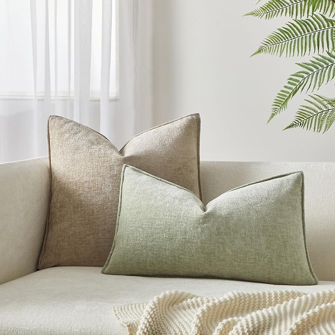 JUSPURBET Light Green Chenille Lumbar Throw Pillow Covers 16x24 inch Set of 2 Decorative Soft Textured Cushion Cases for Living Room Sofa Couch Bed Solid Home Decor Broadside Pillowcases