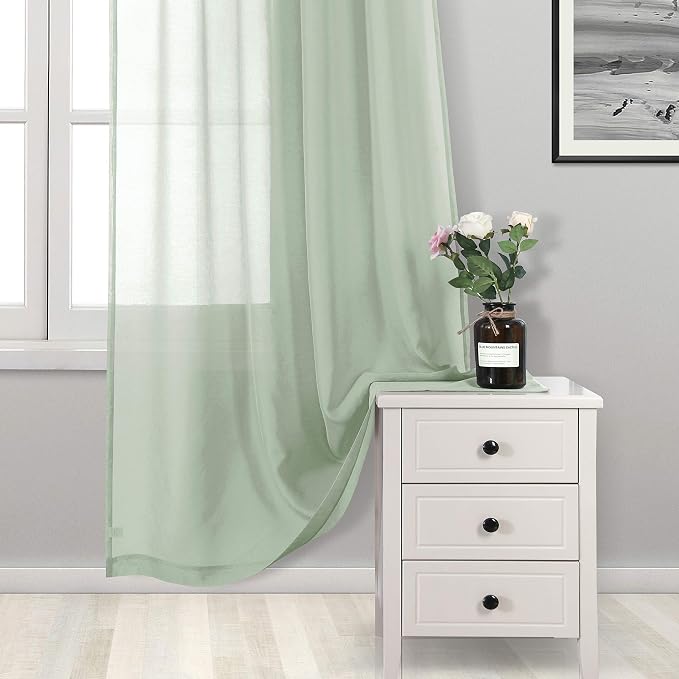DWCN Sheer Curtains for Living Room Bedroom - Faux Linen Look Voile Drapes Grommet Top Window Curtain Panel 52 x 63 Inch Length, Bean Green, Set of 2 Panels